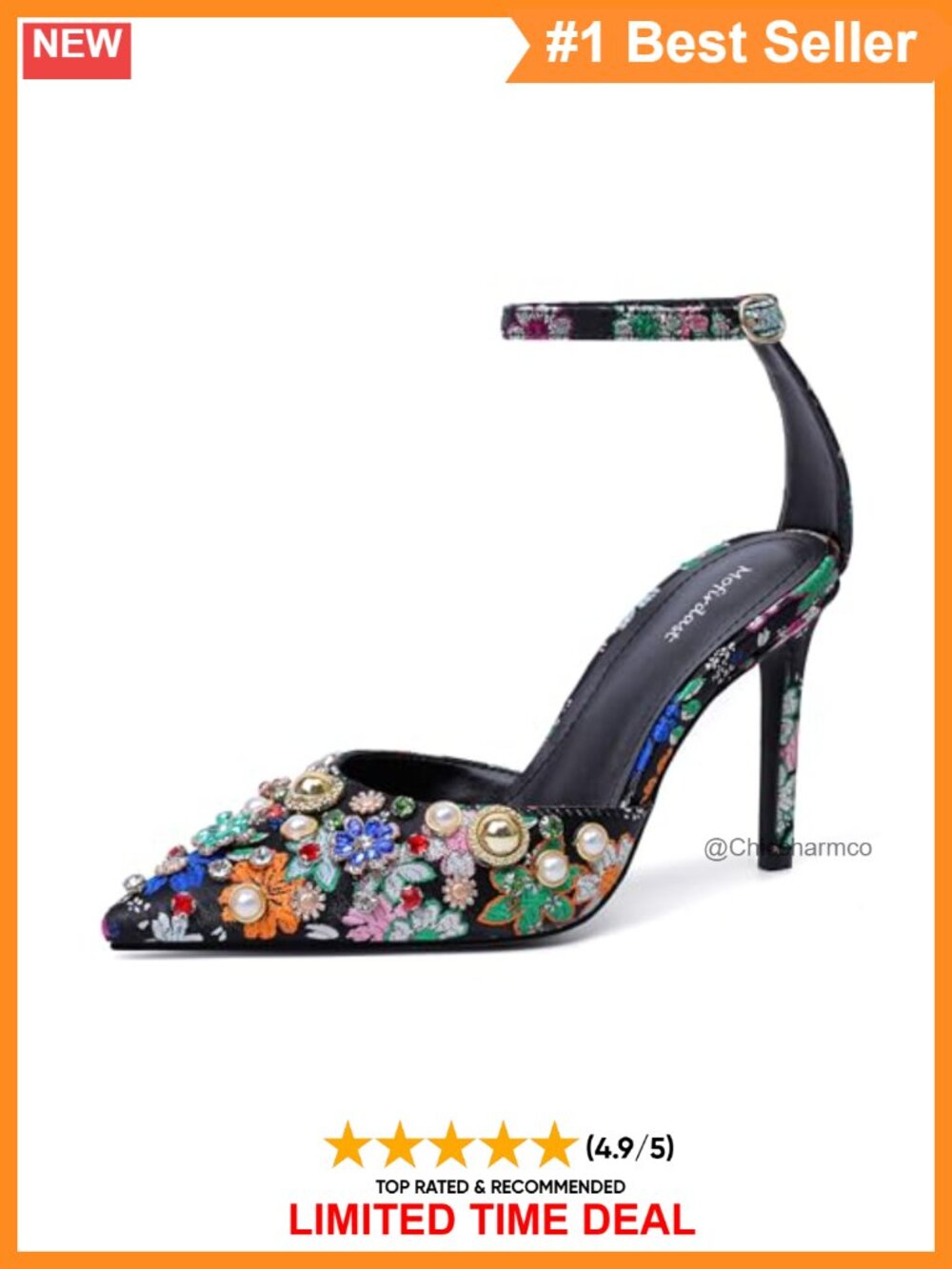 Rhinestone Ankle Strap Stiletto Heels Floral Embroidery Pumps